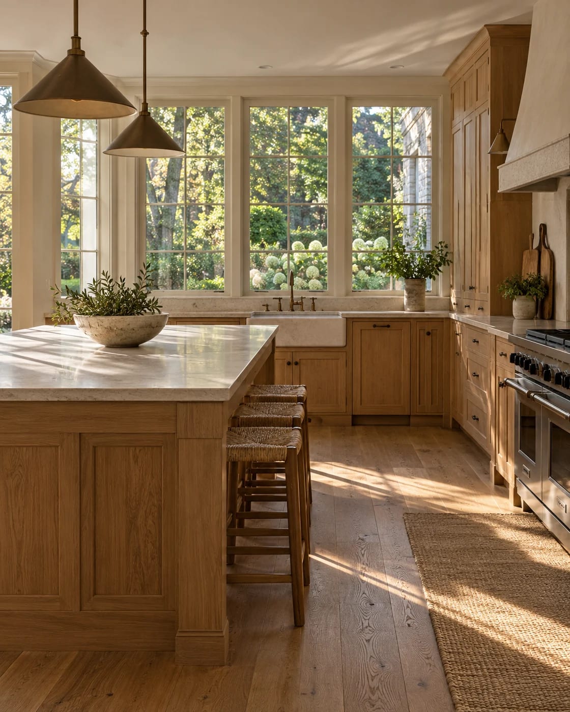 Illustrative architectural image of a warm oak kitchen with natural light